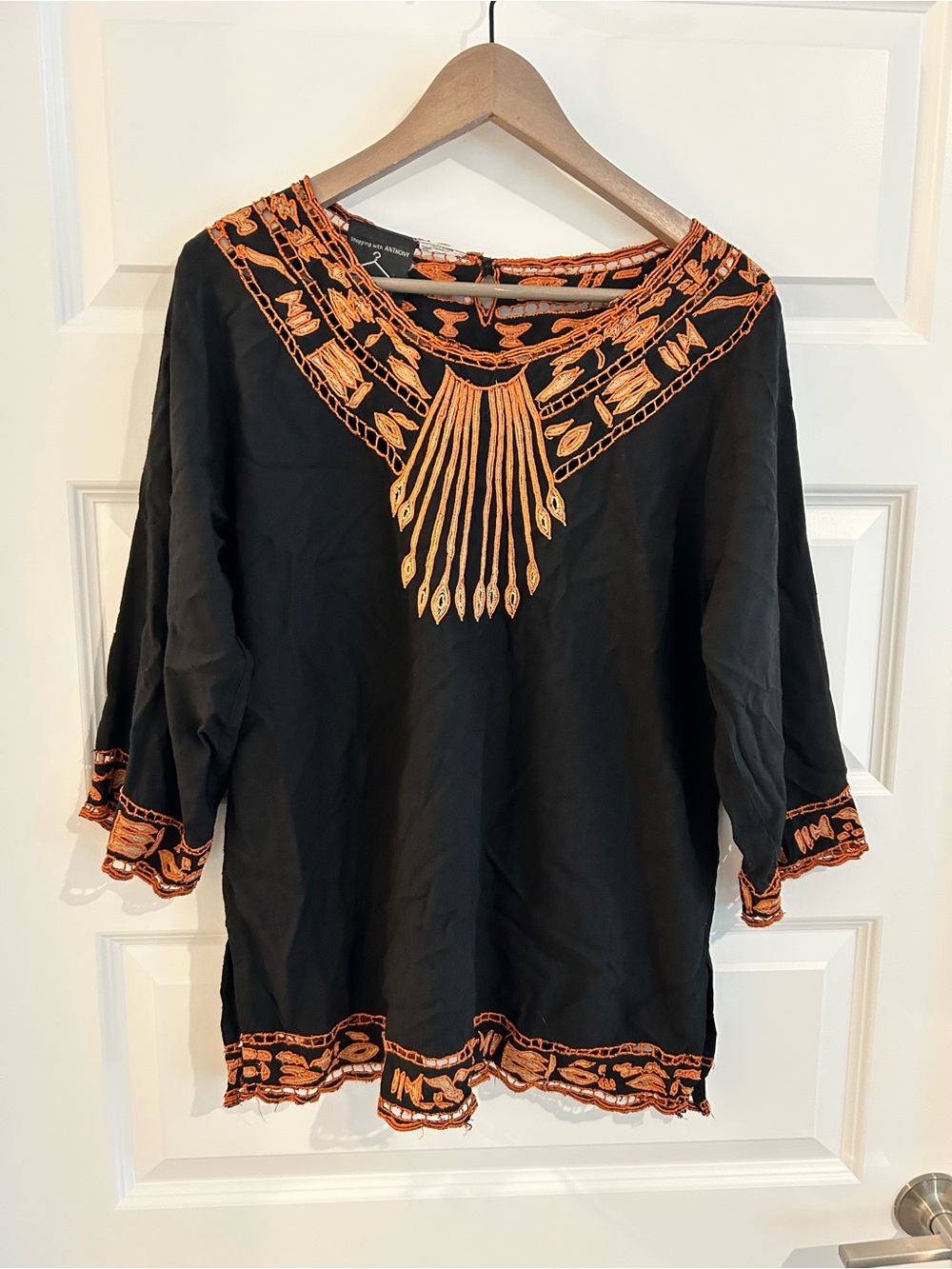 Vintage Anthony Mark Hankins Embroidered Tribal Top Black Orange Size L